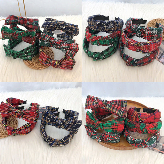 2024 New Christmas Bow Headband Women European and American Retro Plaid Knotted Head Buckle Christmas Headband Hair Cave Women