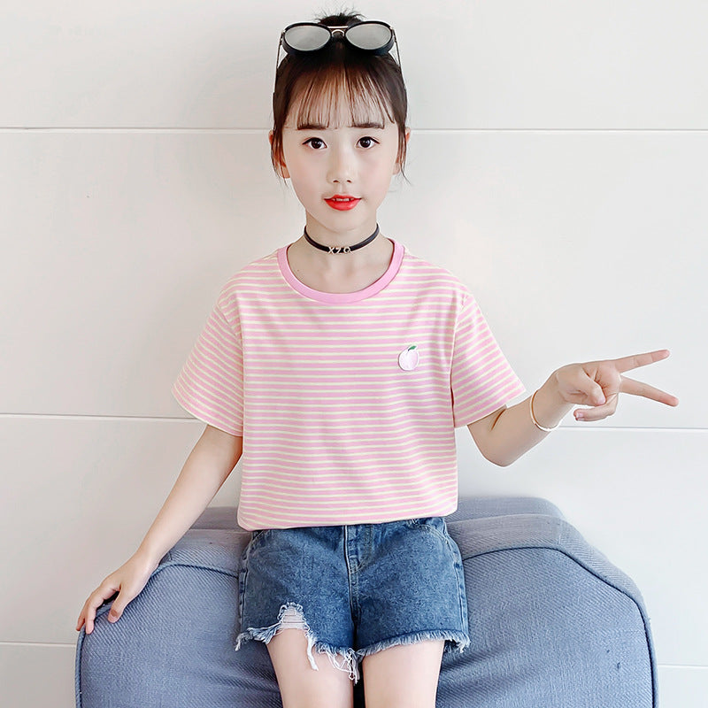 Girls short-sleeved T-shirt 2024 summer new striped embroidery cartoon fruit T-shirt stylish cotton stretch top