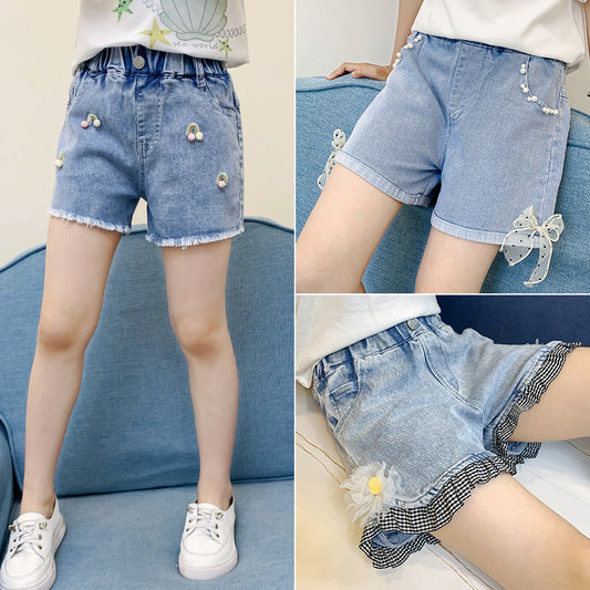 Girls denim shorts 2024 new summer children's hot pants for middle and large children fashionable cowhide waist loose and stylish shorts