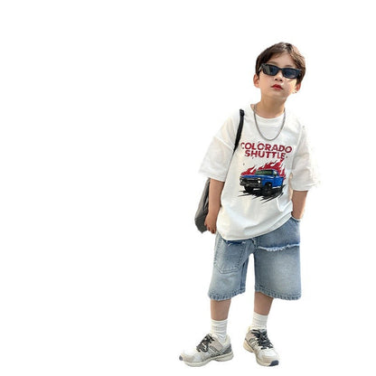 Boys denim shorts children's pants summer style medium and large children 2024 summer new style little boy loose shorts trend