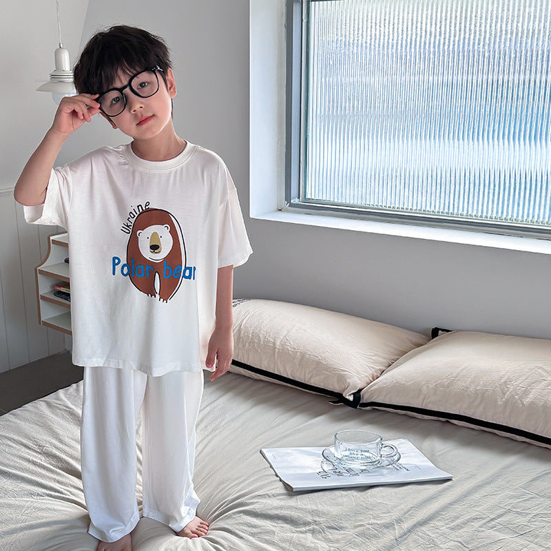 Amo Beibei children's 2024 summer modal cartoon home clothes boys and girls comfortable air-conditioned clothes pajamas two-piece set