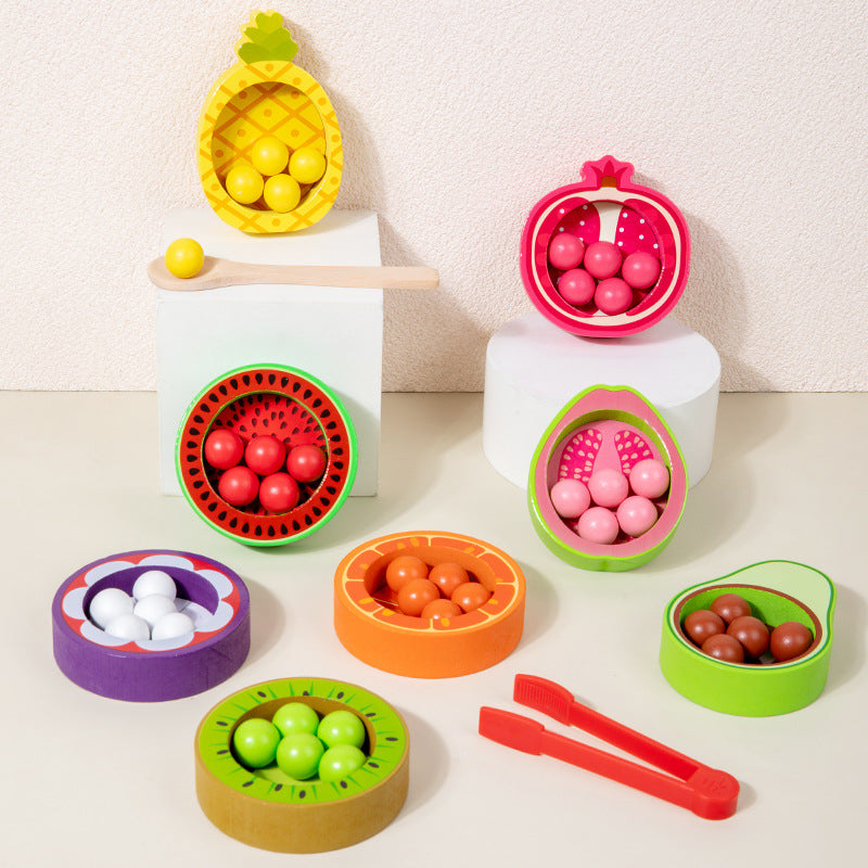 Children's wooden exercise baby hands-on parent-child interactive fruit recognition color classification clip beads educational toys