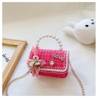 Children's pearl handbag 2024 new cotton and linen small square bag fashionable and cute girls decorative bag messenger bag 