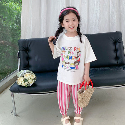 2024 summer new Korean version children's baby light breathable loose anti-mosquito pants girls casual vertical striped air-conditioning pants