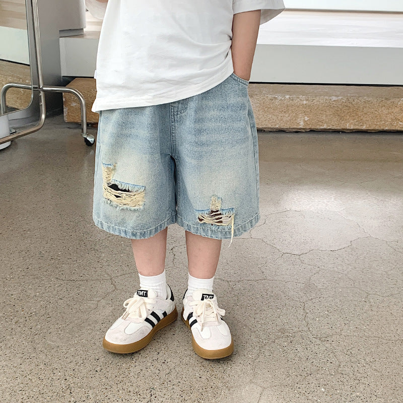 Children's pants boys ripped denim shorts baby outer wear 2024 summer new boys loose shorts