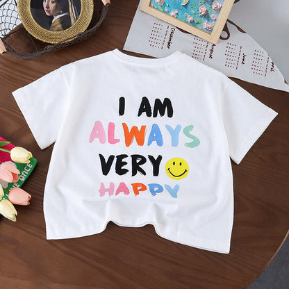 Summer girls short-sleeved T-shirt children's boys cotton T-shirt rainbow letter color printing loose elastic kindergarten trend