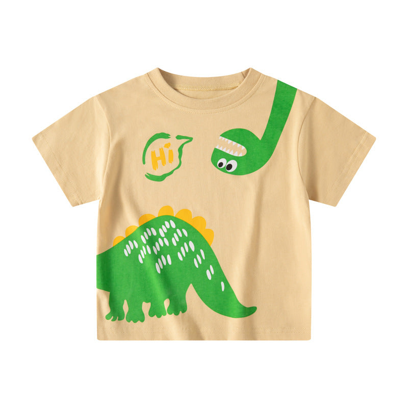 Cross-border children's clothing summer children's short-sleeved T-shirt boy baby top cartoon dinosaur round neck sweater one piece delivery