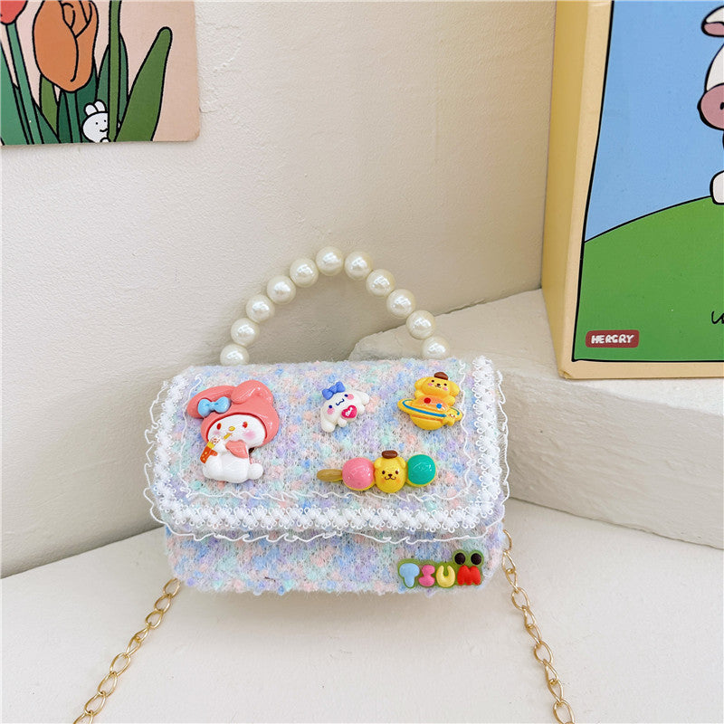 Autumn and winter stylish children's small square bag female fashion girl contrast color chain shoulder bag simple beaded handbag wholesale 