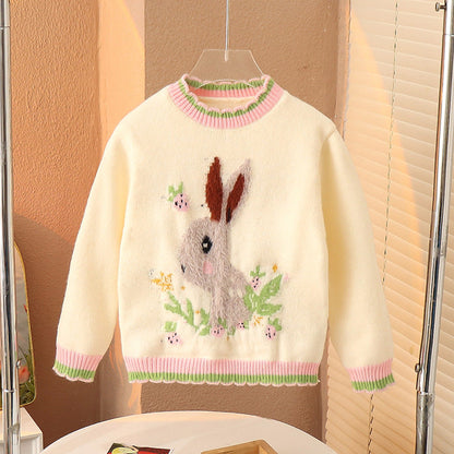 Winter girls baby cartoon bunny sweater fluffy sweater elastic children warm thick bottom outer wear trendy