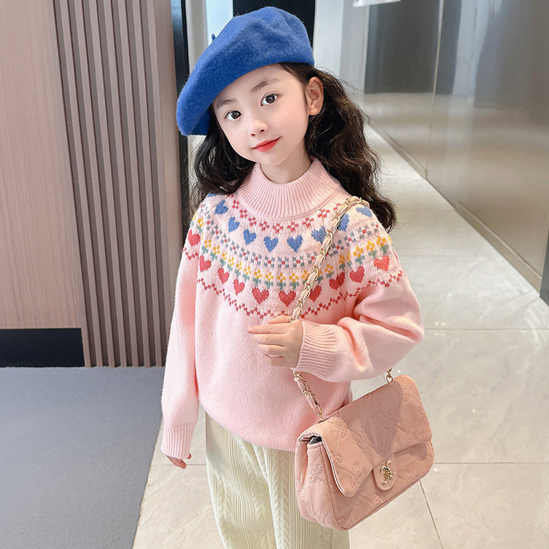 Girls winter sweater thickened love Korean style knitted pullover bottom line sweater for school wear kindergarten soft