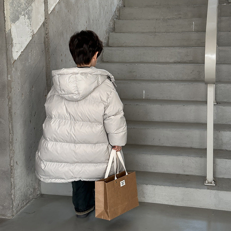 New national standard Aimo Beibei children's medium and long hooded down jacket for boys and girls 90 white duck down warm coat