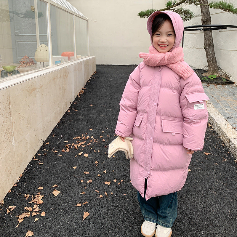 Amo Beibei new national standard children's 2023 winter 90 white duck down thick coat medium and long warm hooded down jacket