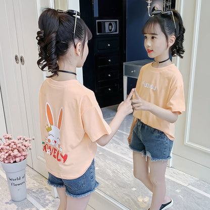 Girls short-sleeved T-shirt 2024 new summer cute cartoon printed cotton T-shirt fashion casual tops T-shirt