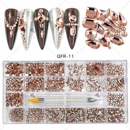 Nail art diamond jewelry 21-grid flat-bottomed special-shaped diamonds of different sizes mixed nail art diamonds special-shaped glass diamonds DIY accessories set