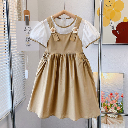 Summer children's cotton skirt fake two-piece overalls skirt Korean version girl long skirt kindergarten graduation vacation summer vacation college