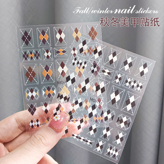 Autumn and winter nail stickers diamond check Maillard relief thin tough caramel black and white checkered sweater stickers