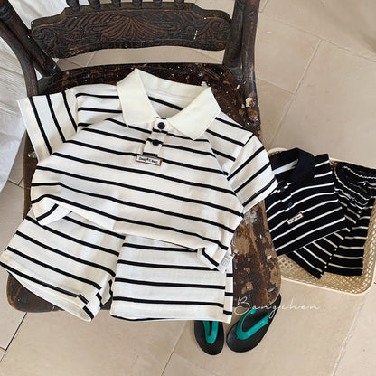 Children's suit Bangcheng 2024 summer new boy striped POLO shirt + shorts children's clothing two-piece suit trendy G0150