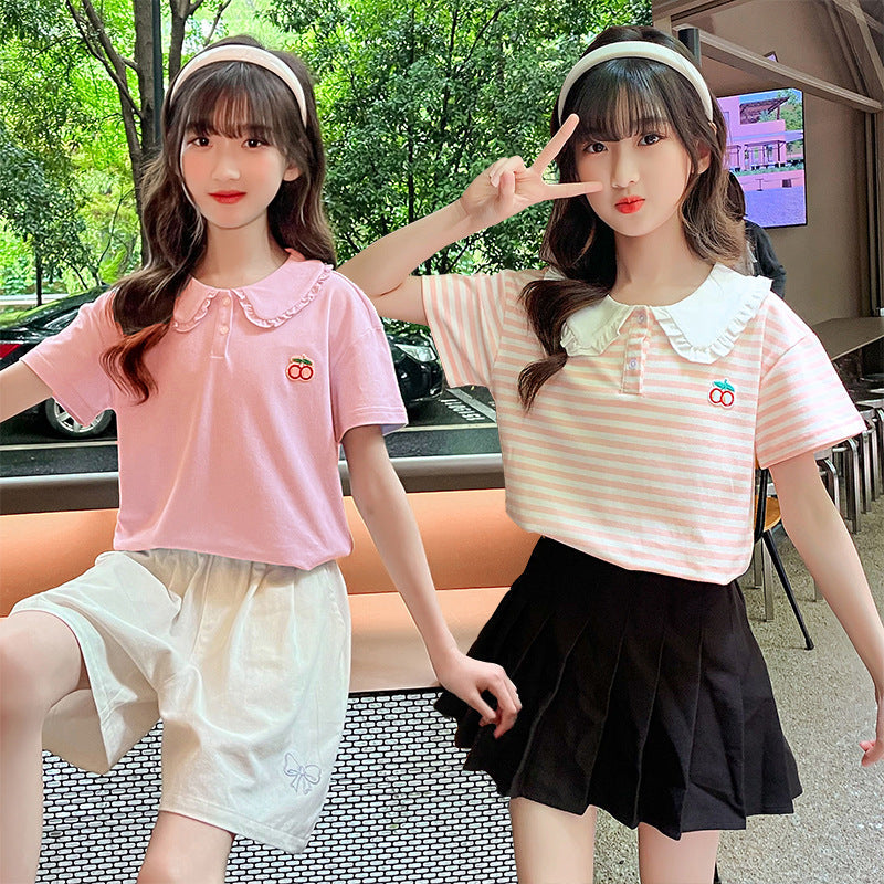 Summer Girls Short Sleeve POLO Shirt Tops Doll Collar Baseball Jacket Tennis Jacket Cotton Middle and Large Children Striped Shirt Sports