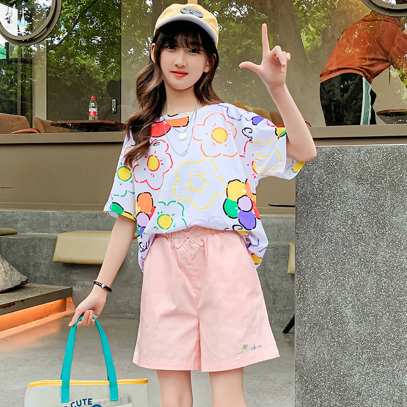 Summer girls flower short-sleeved tops cotton T elastic loose graffiti print fat middle and large children junior high school elementary school T