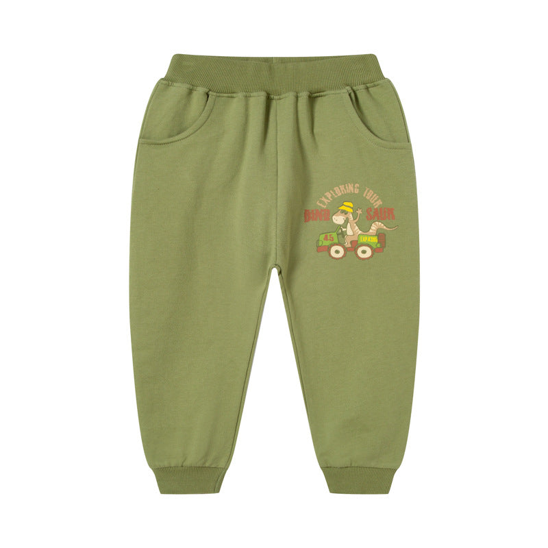 2023 new children's autumn boys sports trousers dinosaur cartoon pattern pure cotton trousers knitted children's trousers