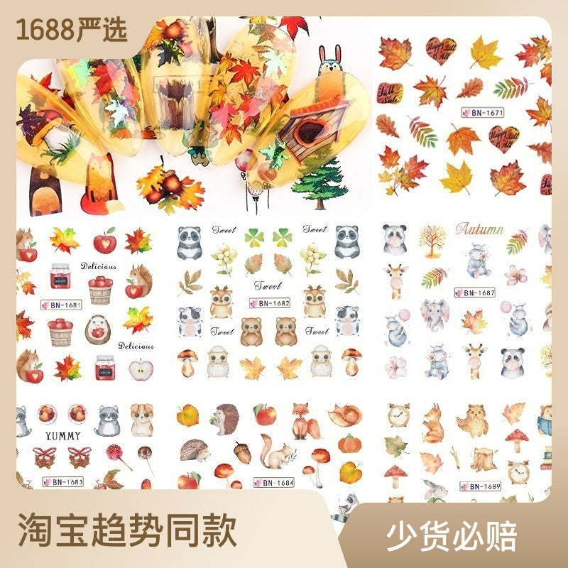 Zhifei nail art jewelry stickers 12 in one large sheet of watermark stickers cartoon butterfly squirrel autumn maple leaf nail stickers