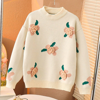 2024 Autumn and Winter Girls Flower Sweater Pullover Bottoming Shirt Outer Wear Sweater Korean Style Knitted Sweater Middle and Large Children Students