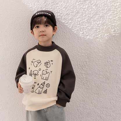 Amo Beibei 2023 Winter Children's Cute Cartoon Raglan Sleeves Velvet Sweater Baby Contrast Color Plush Top