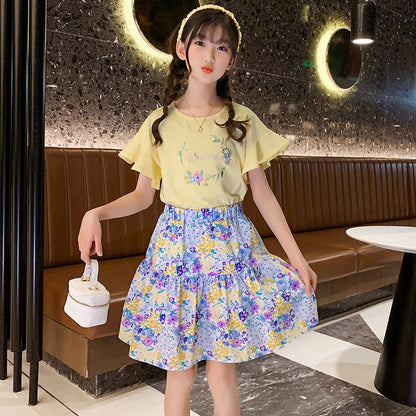 Girls summer suit skirt short sleeve suit floral cotton cloth lotus leaf sleeve skirt two piece suit Korean style fragrant style street