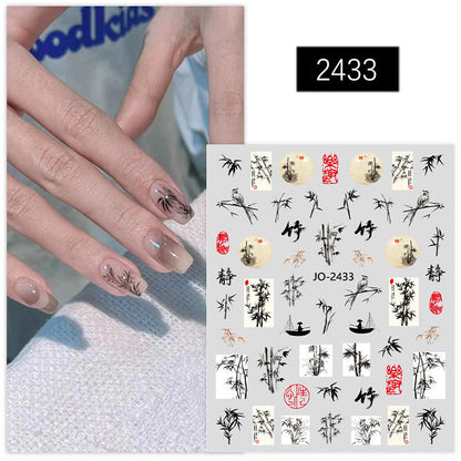 Chinese style stickers bamboo bamboo leaves retro ultra-thin strap glue orchid rose ancient style poetry net red nail stickers