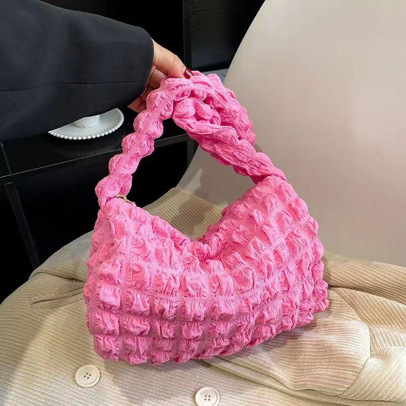 Korean ins girly heart pleated bubble shoulder bag underarm bag hand-held small fresh bag female canvas shopping bag