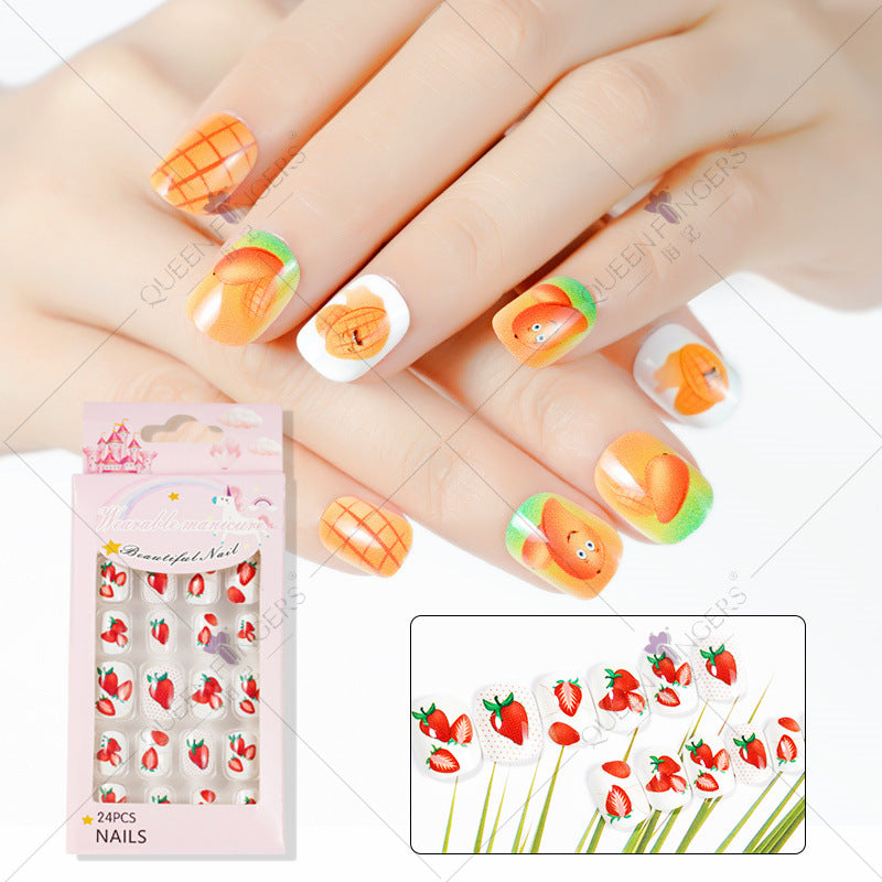 Nail Art Summer Fruit Series ក្រចកសិប្បនិម្មិតរបស់កុមារ 24 បំណែក ឆ្នូតគំនូរជីវចល ស្ទីគ័រក្រចកដែលអាចដកចេញបាន