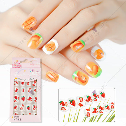 Zhifei Nail Art Summer Fruit Series Children's False Nails 24 Pieces Cartoon Strips Fully Stickers Removable Nail Art Pieces