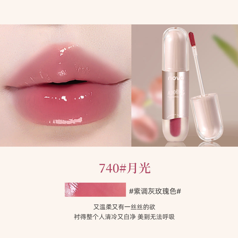 NOVO ក្រែមលាបមាត់បែប Water-glossy Mirror Glossy Lip Glossy, Water and Clear មិនងាយរលប់ ជាប់ពណ៌បានយូរ, Non-stick Cup Student Party