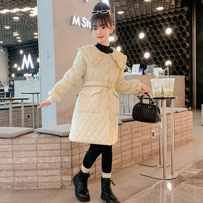 Girls 2024 new coat cotton, checkered quilted cotton , light cotton coat , extension belt , Korean style campus style jacket , fashionable