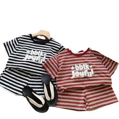 Children's suit Bangcheng 2024 summer children's clothing letter print striped short sleeve + shorts boys two-piece suit G0211