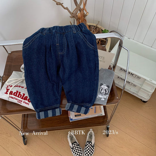 Children's trousers 2024 Bangcheng Spring Small and Medium Children's Vertical Stripe Pocket Jeans Baby Loose Casual Pants C0206