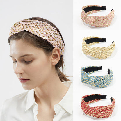 2022 European and American summer rose red straw braided headband female holiday style Calafate straw braided hairband wholesale