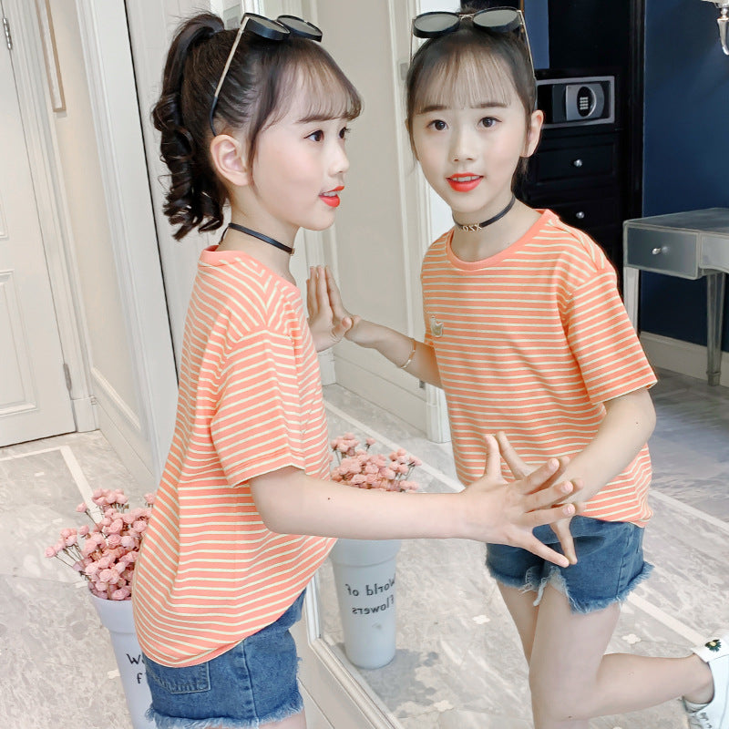 Girls short-sleeved T-shirt 2024 summer new striped embroidery cartoon fruit T-shirt stylish cotton stretch top