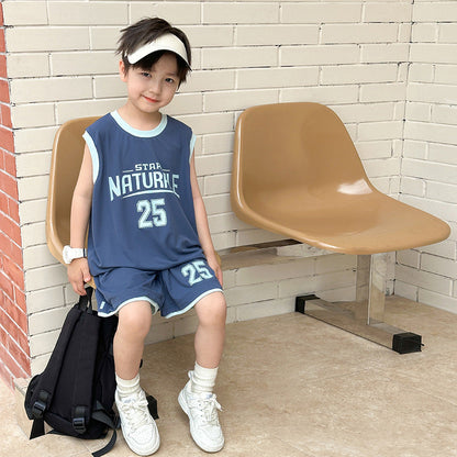 Elmo Beibei 2024 Summer Boys Contrast Letter Sports Set two-piece Baby Mesh Breathable Basketball Vest Set