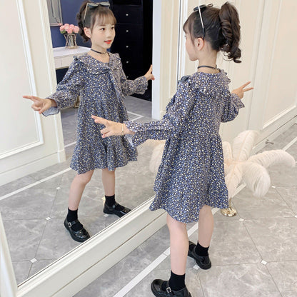 Girls Spring and Autumn Floral Dress 2024 New Children's Western Style Cotton Dress Spring Internet Celebrity Princess Dress Spring