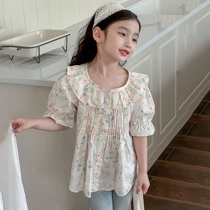 Children's summer floral shirt, pure cotton short-sleeved cotton top, Korean cardigan, fashionable summer vacation baby shirt, loose