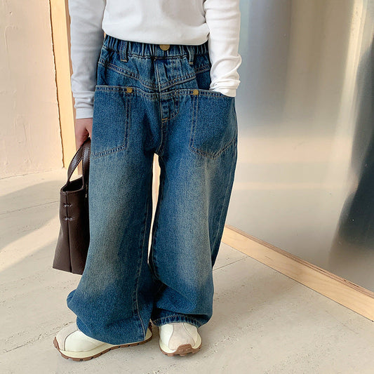 2024 Spring and Autumn Children's Jeans Korean Gradient Boys and Girls Straight Pocket Jeans Baby Fashion Pants