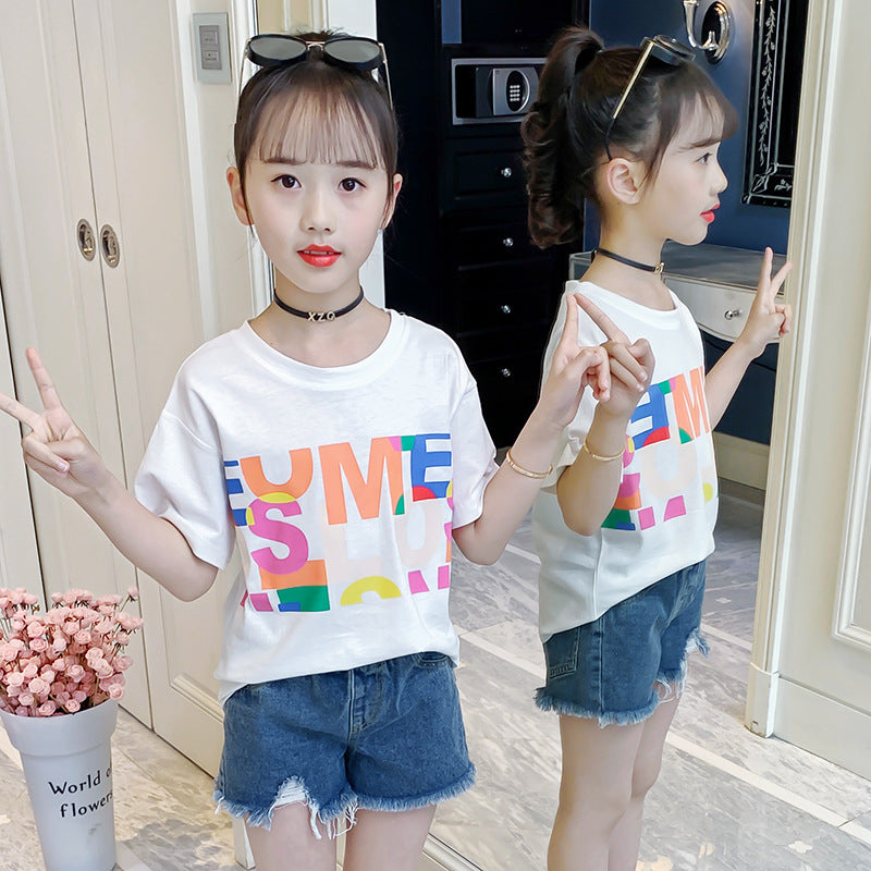 Girls summer short-sleeved T-shirt 2024 new style children's letter printed cotton top loose casual T-shirt