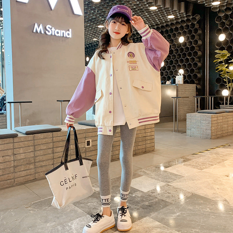 2024 season girls boys cardigan jacket spring middle and large children children's baseball uniform western-style jacket top loose Korean trend