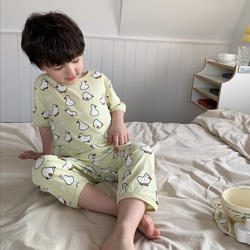 Children's light and thin pajamas for boys and girls 2023 summer style striped cotton cute home clothes baby air conditioning clothes suit trendy