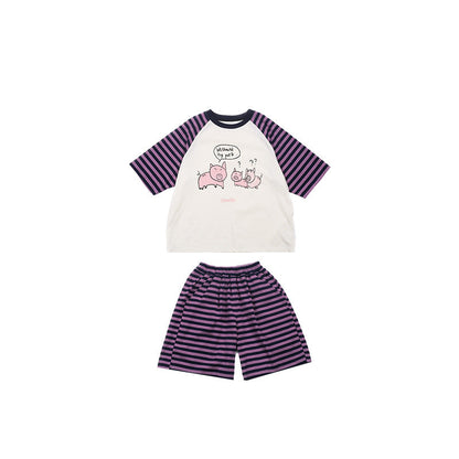 Amo Baby Children's 2024 Summer Raglan Cotton Cartoon Striped Home Clothes Set Baby Raglan Pajamas Two-piece Set