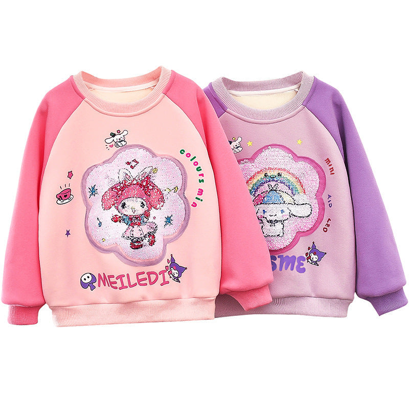 Girls' winter fleece bottoming shirt for girls, sequins, thickened, warm, soft outerwear, cartoon underwear for toddlers and children, internet celebrity