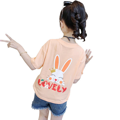 Girls short-sleeved T-shirt 2024 new summer cute cartoon printed cotton T-shirt fashion casual tops T-shirt