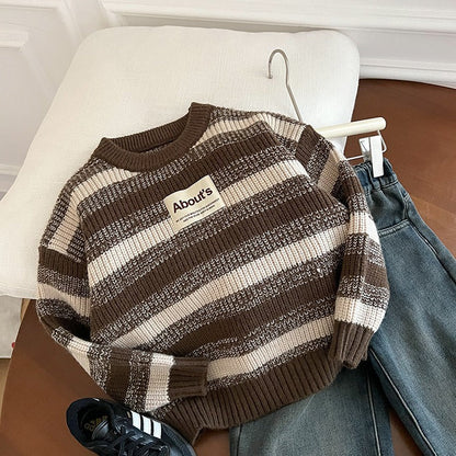 Amo Beibei 2023 new children's label thickened cashmere sweater baby winter striped warm sweater