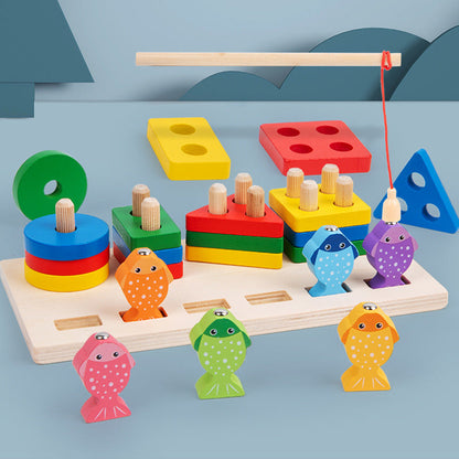 Children's wooden three-dimensional fishing set two-in-one Montessori shape recognition matching hand-eye coordination educational toy 